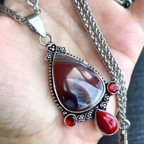Silverskylight2 Jewelry - Red & white agate gemstone coral stone and red cz boho necklace .